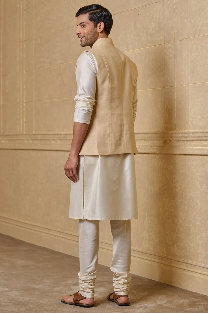 Cream Linen Bundi With Inseam Pocket Detail