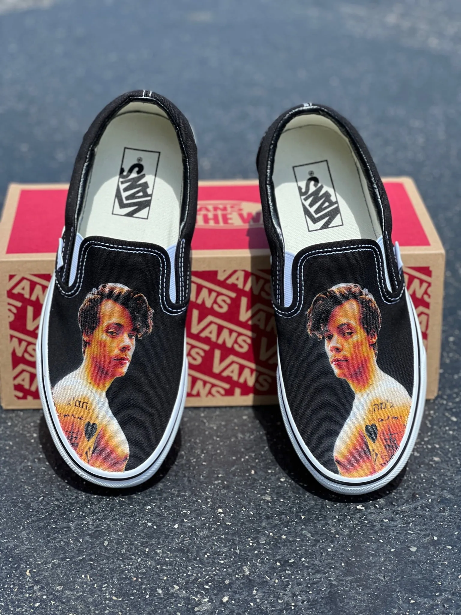 Harry Styles Custom Sneakers - Black Slip On Vans