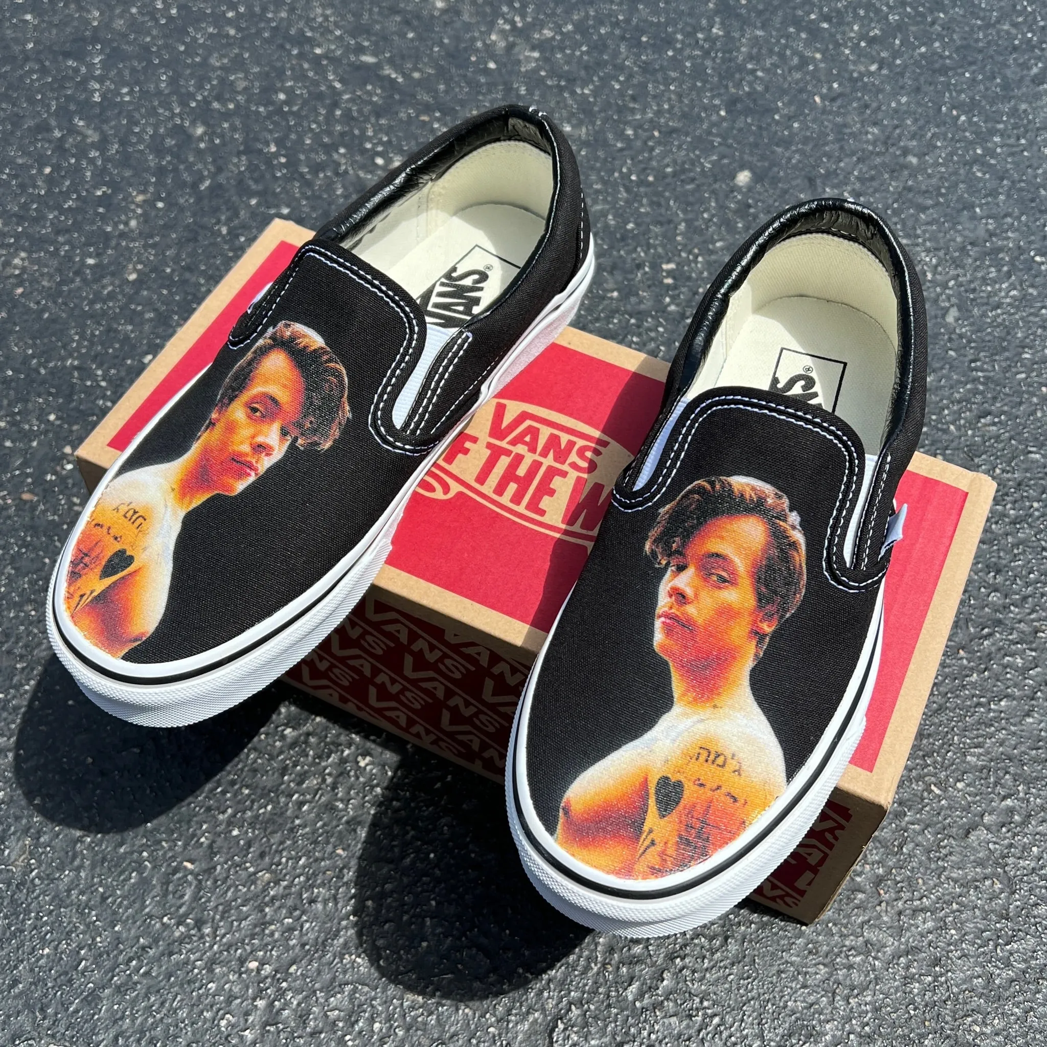 Harry Styles Custom Sneakers - Black Slip On Vans