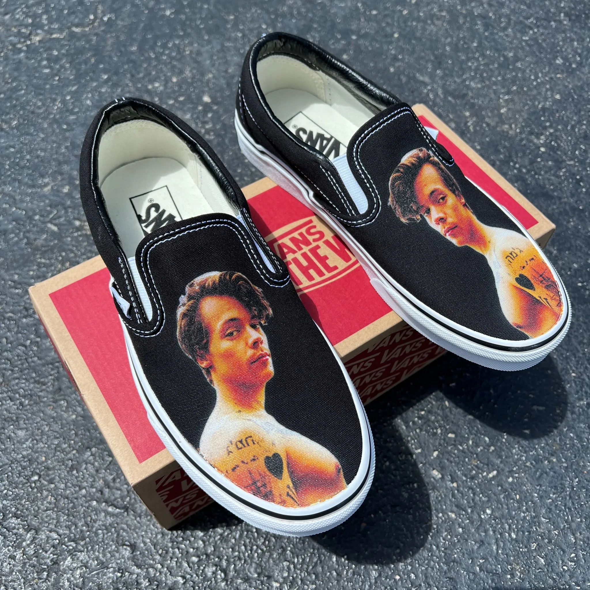 Harry Styles Custom Sneakers - Black Slip On Vans