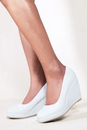 LUISA PLATFORM WEDGE HEEL COURT SHOES IN WHITE FAUX LEATHER