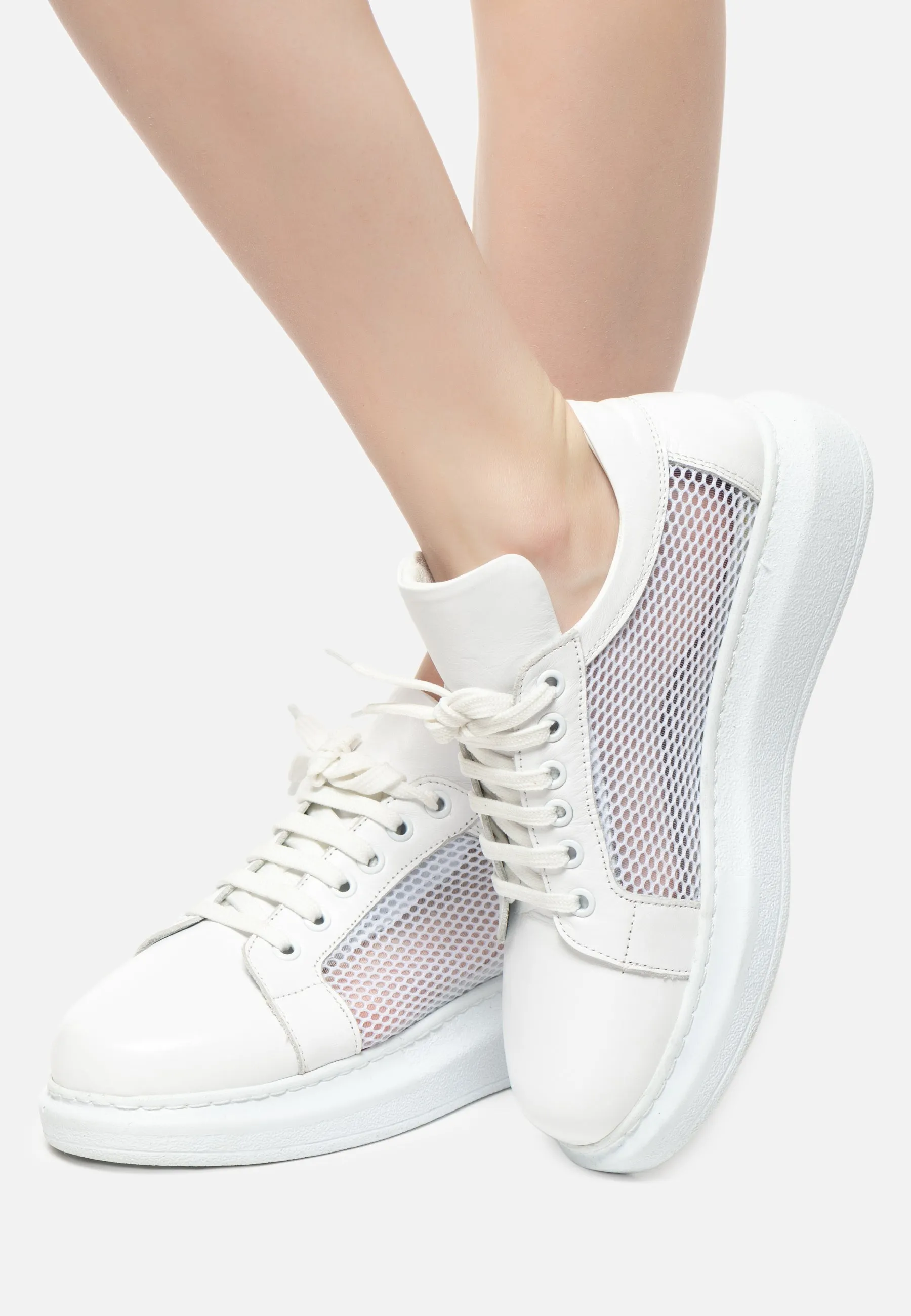 Mesh Panel Lace-Up Sneakers - White