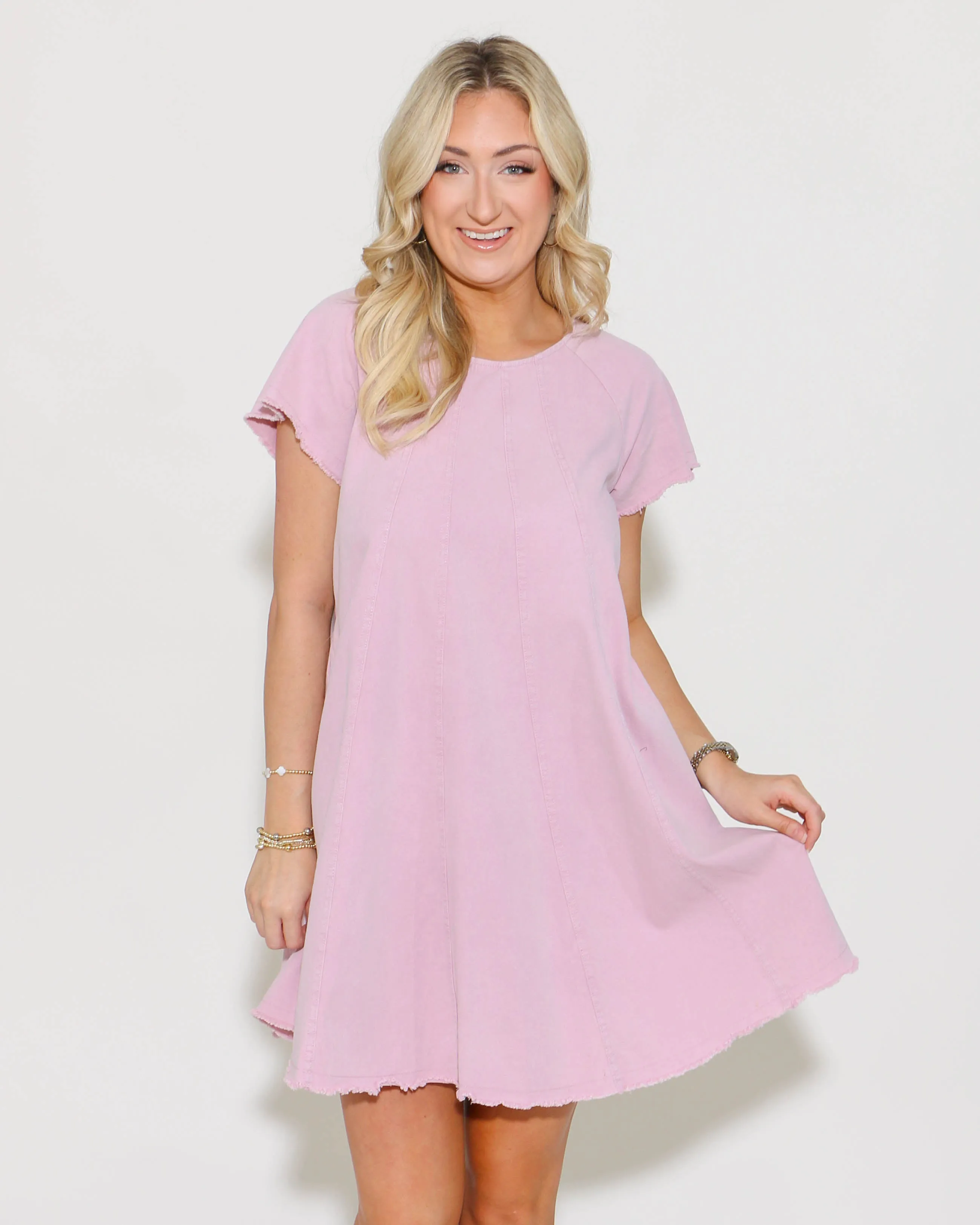 Pink Short Sleeve Woven Wash Dress