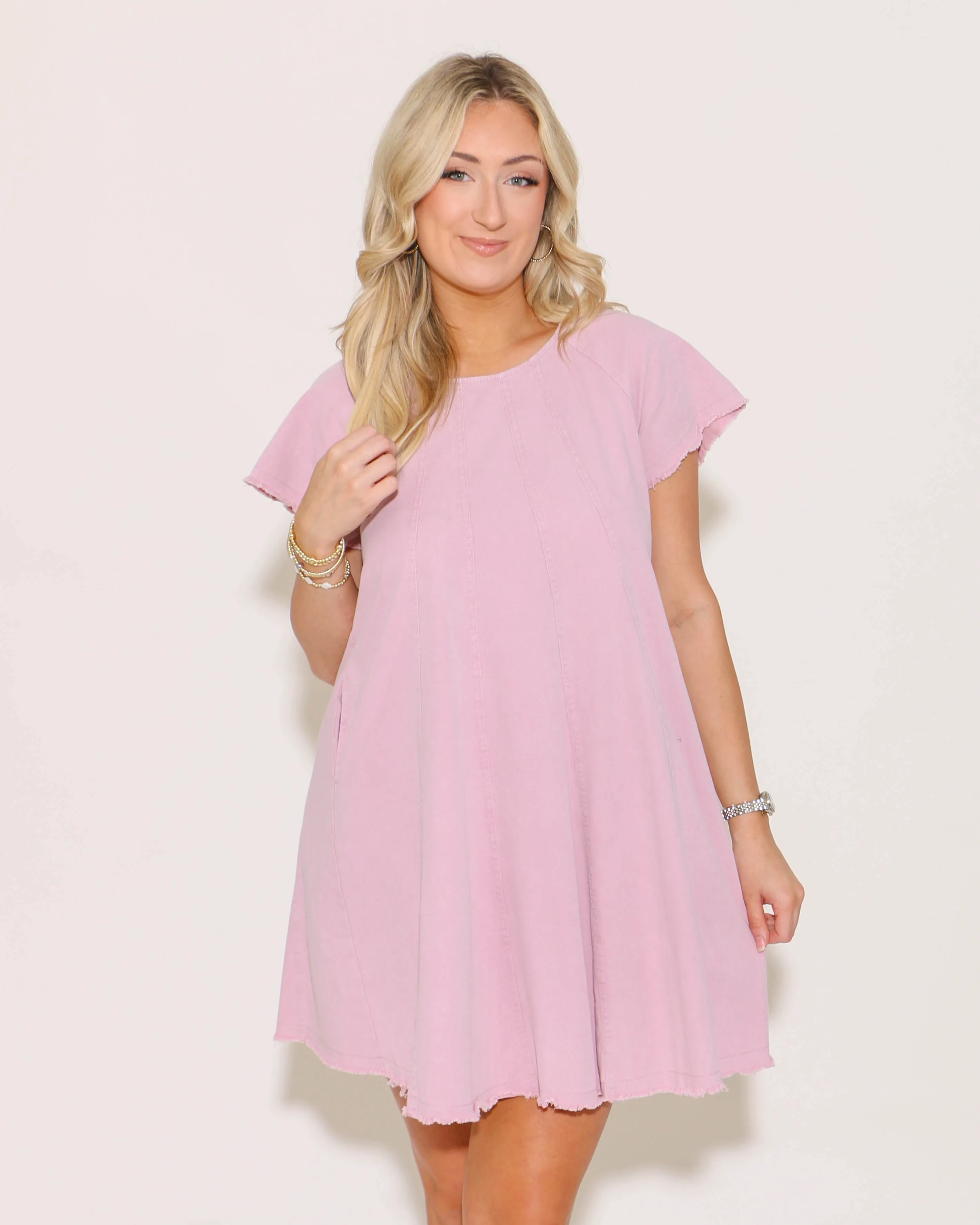 Pink Short Sleeve Woven Wash Dress