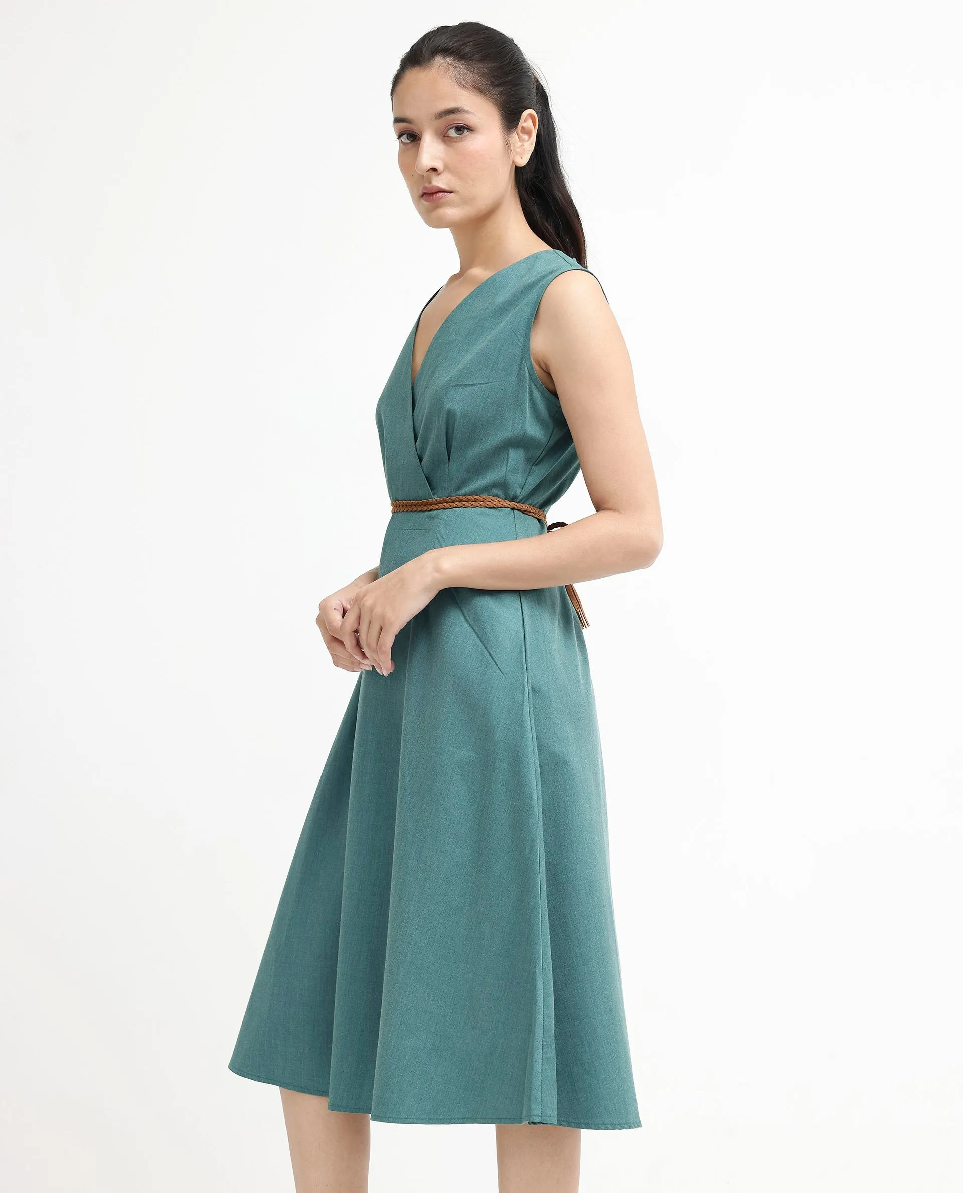 Rareism Women Valmode Green Zipper Closure Sleeveless Over Lap Neck Fit And Flare Plain Midi Dress