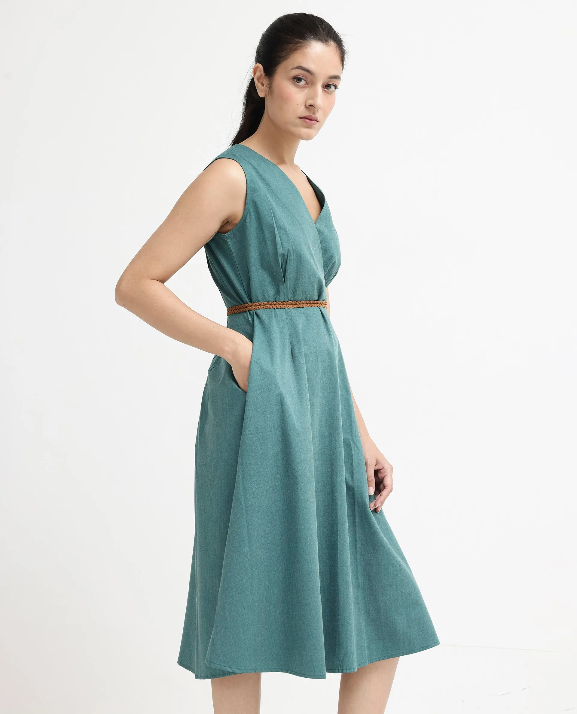 Rareism Women Valmode Green Zipper Closure Sleeveless Over Lap Neck Fit And Flare Plain Midi Dress