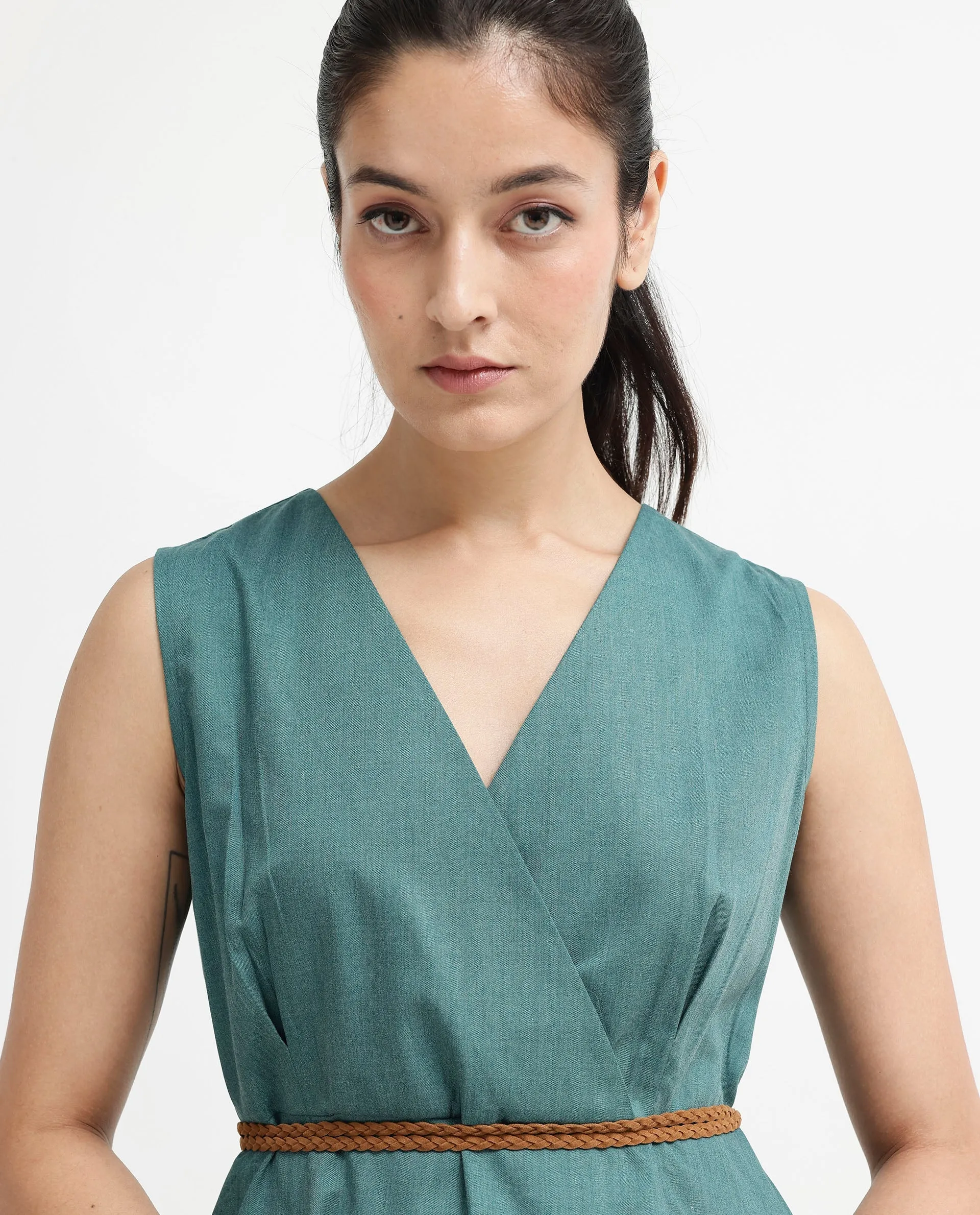 Rareism Women Valmode Green Zipper Closure Sleeveless Over Lap Neck Fit And Flare Plain Midi Dress