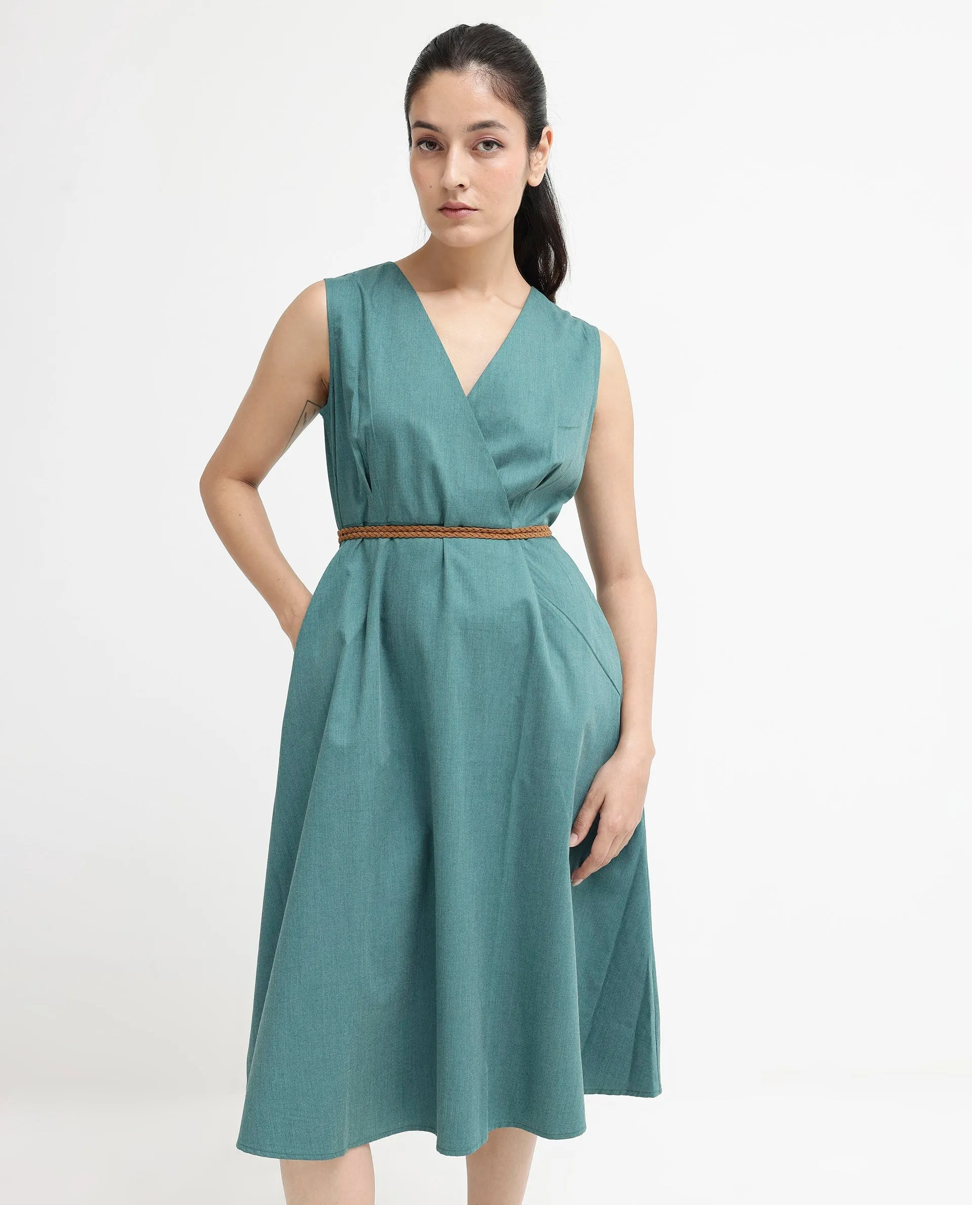 Rareism Women Valmode Green Zipper Closure Sleeveless Over Lap Neck Fit And Flare Plain Midi Dress