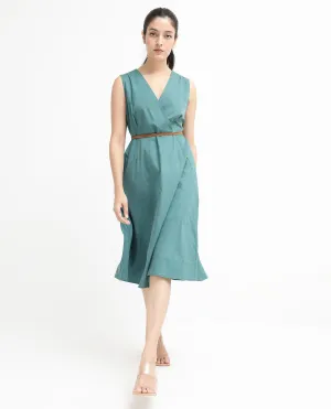 Rareism Women Valmode Green Zipper Closure Sleeveless Over Lap Neck Fit And Flare Plain Midi Dress