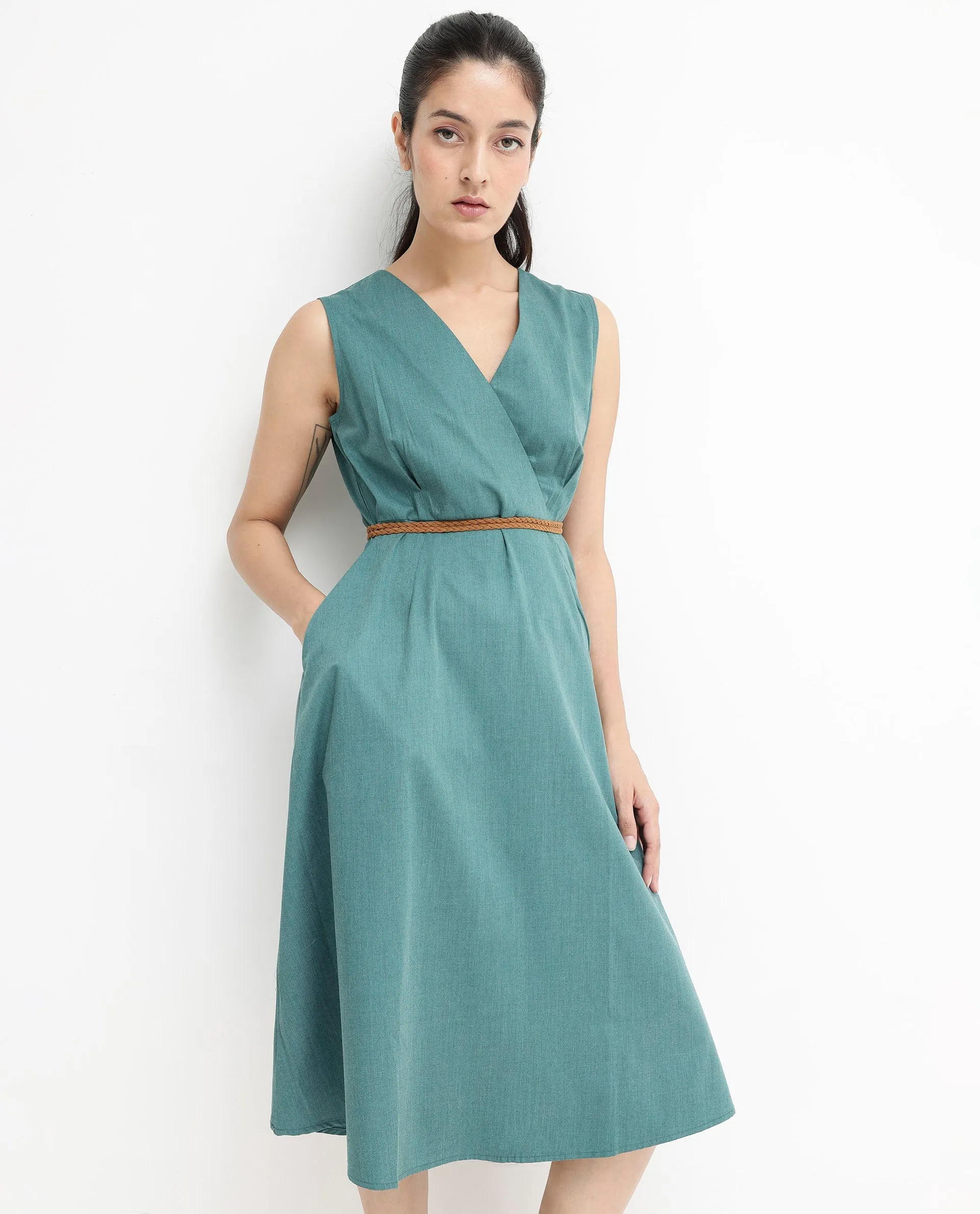 Rareism Women Valmode Green Zipper Closure Sleeveless Over Lap Neck Fit And Flare Plain Midi Dress