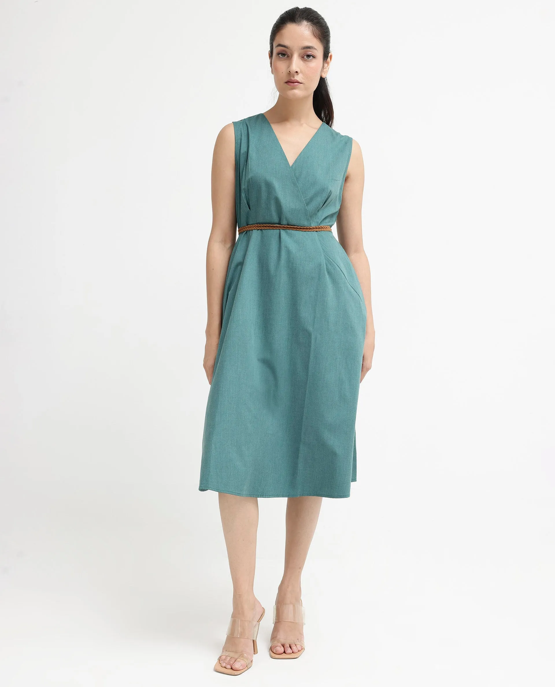 Rareism Women Valmode Green Zipper Closure Sleeveless Over Lap Neck Fit And Flare Plain Midi Dress