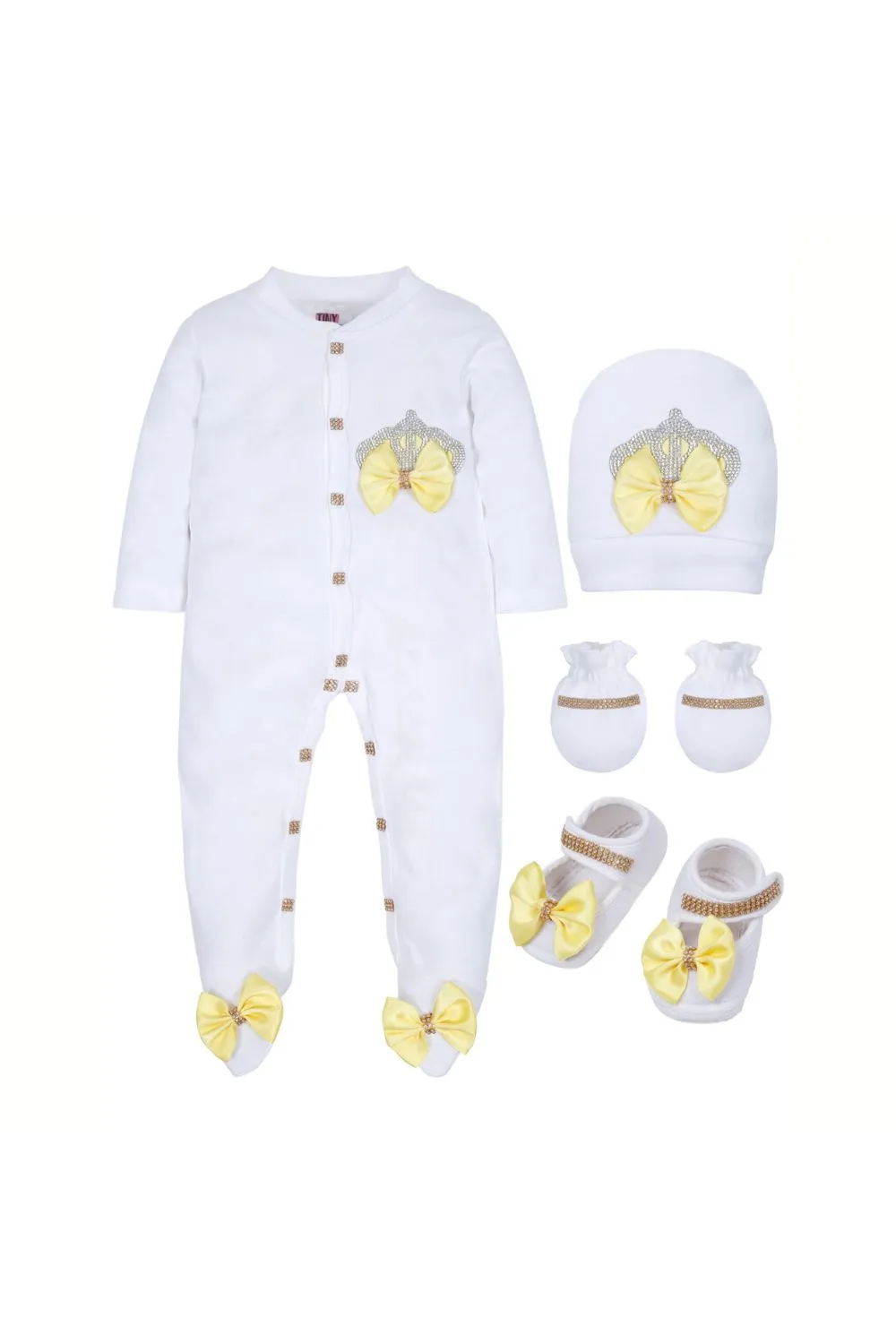 White Embroidered Crown Detailing Sleepsuits Set