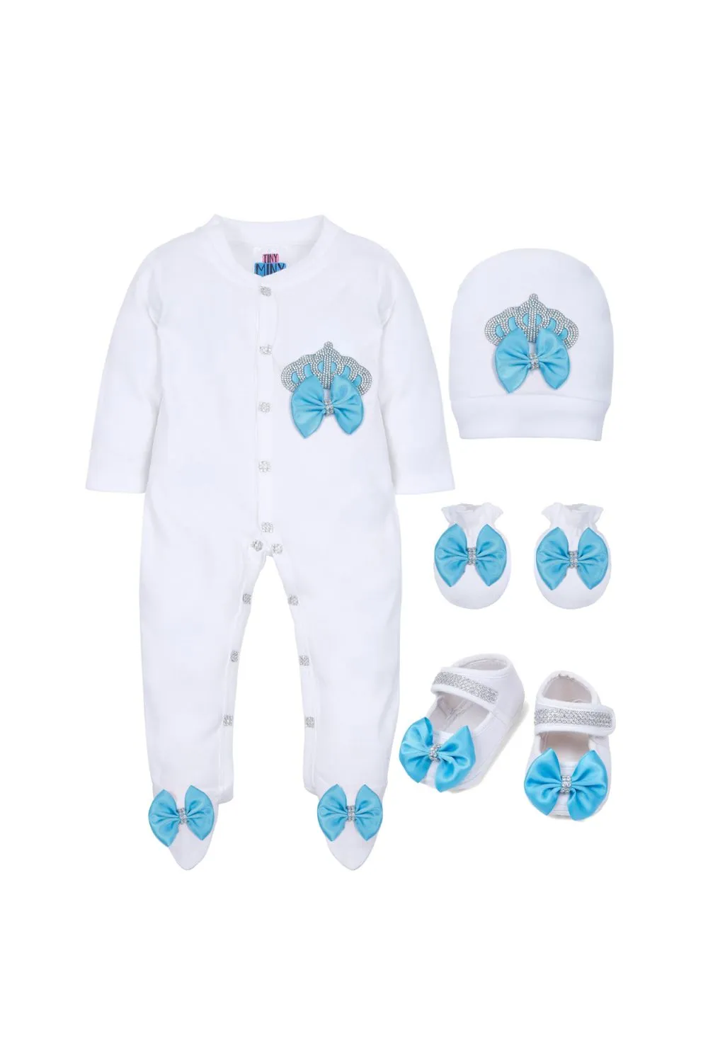 White Embroidered Crown Detailing Sleepsuits Set