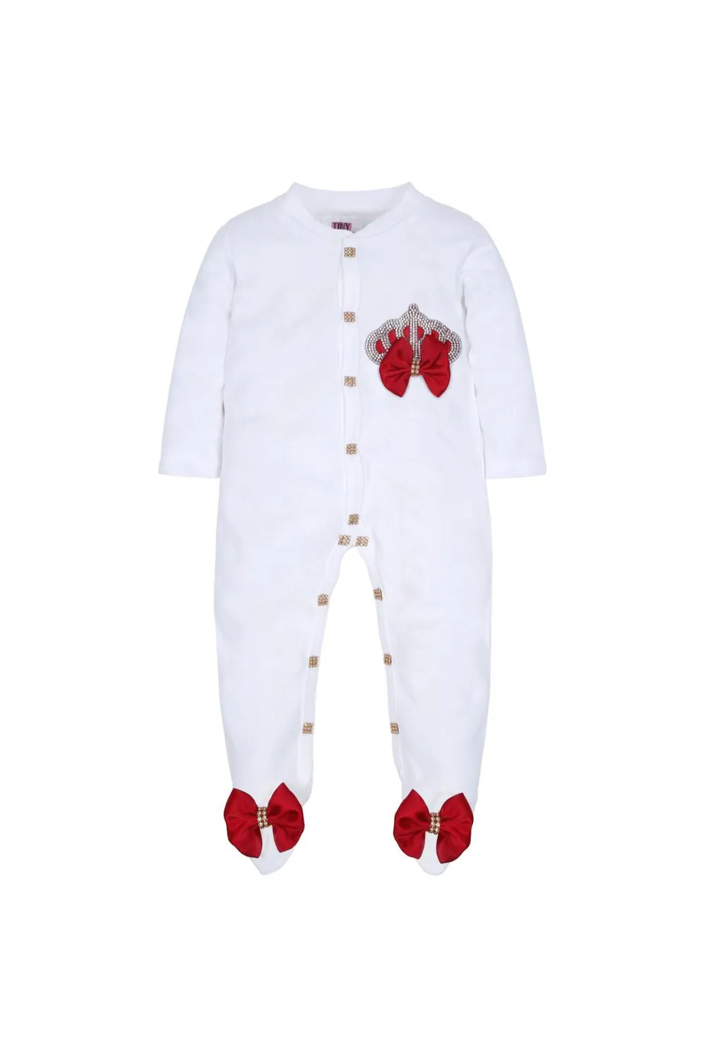 White Embroidered Crown Detailing Sleepsuits Set