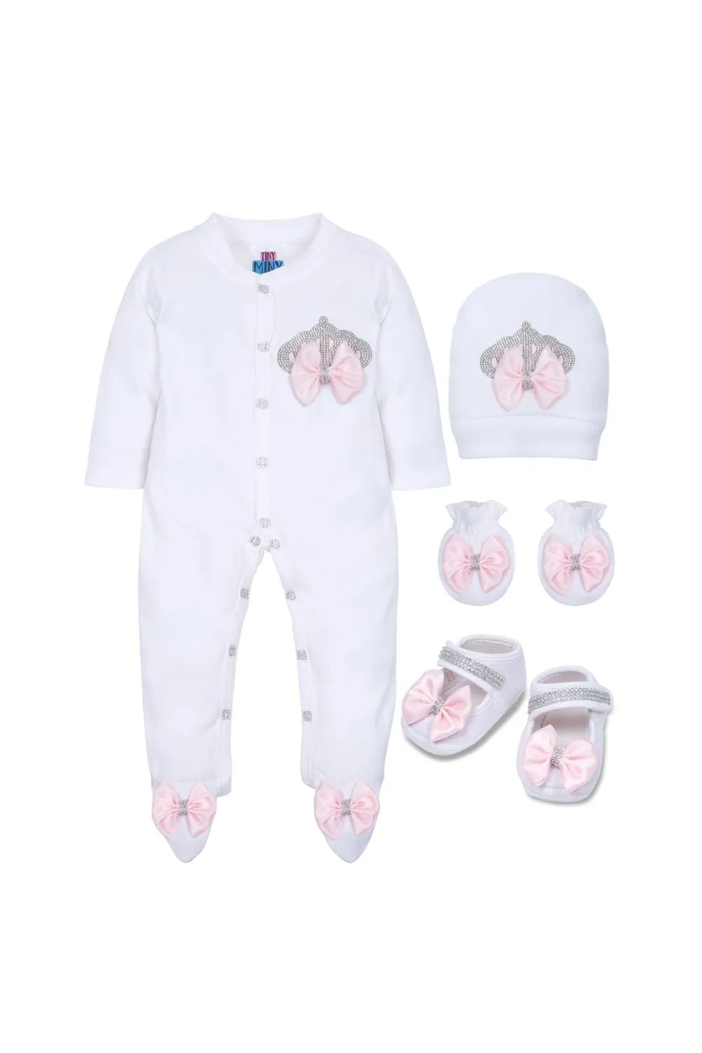 White Embroidered Crown Detailing Sleepsuits Set