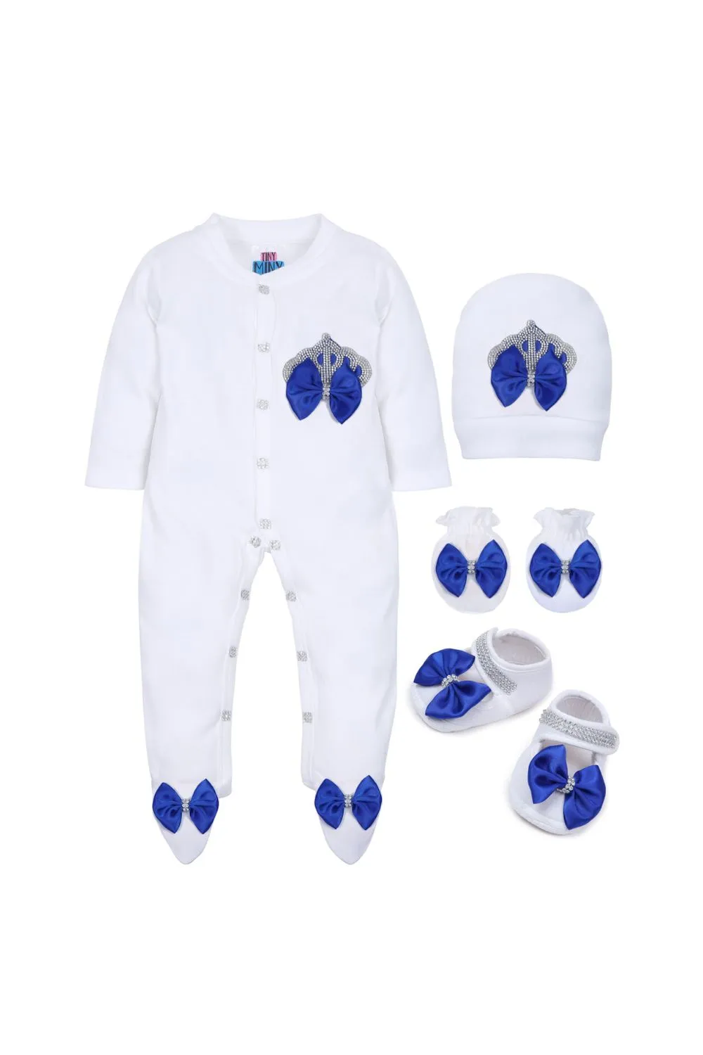 White Embroidered Crown Detailing Sleepsuits Set