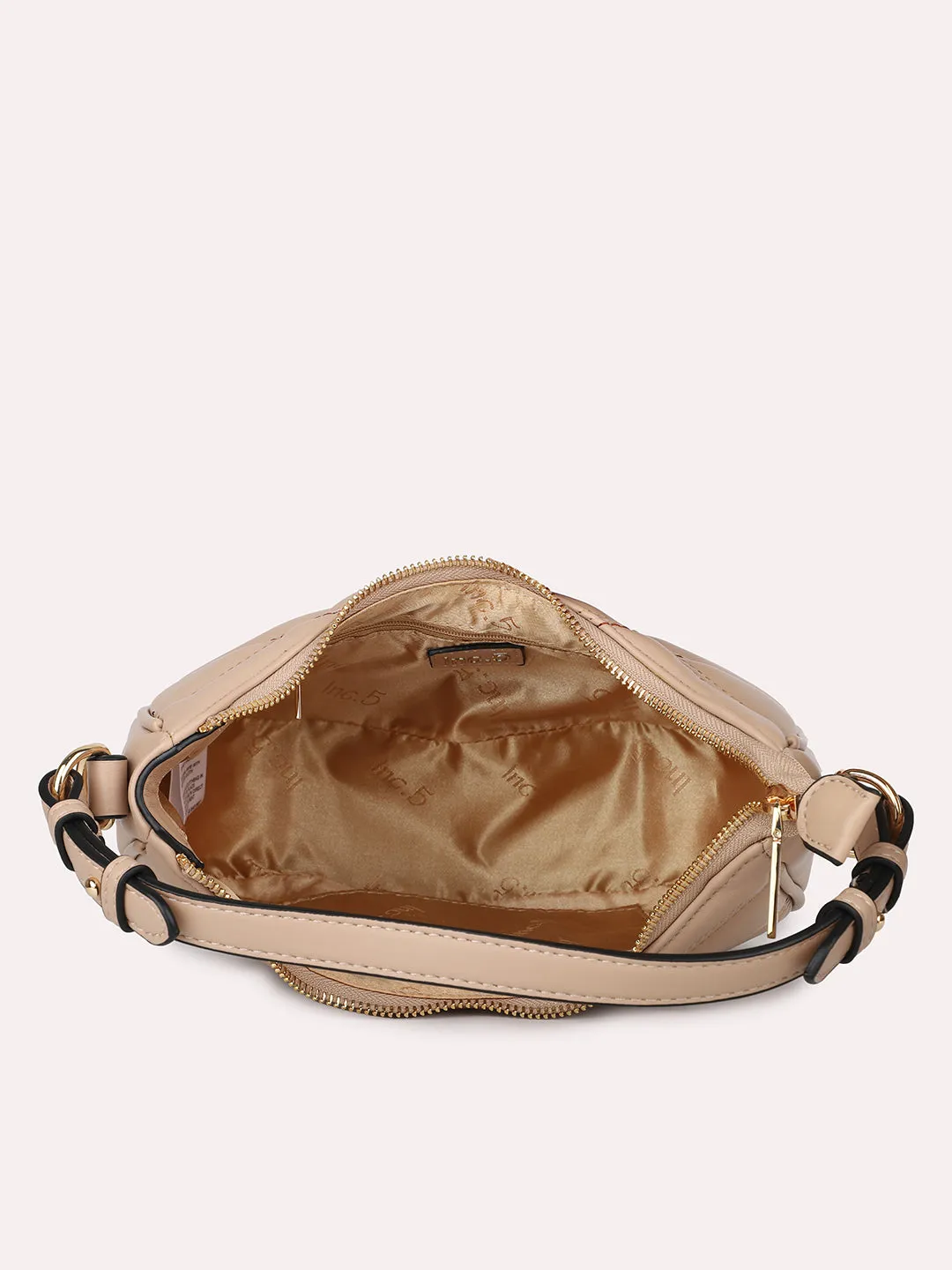 Women Beige Qulited Half-Moon Shoulder Bag