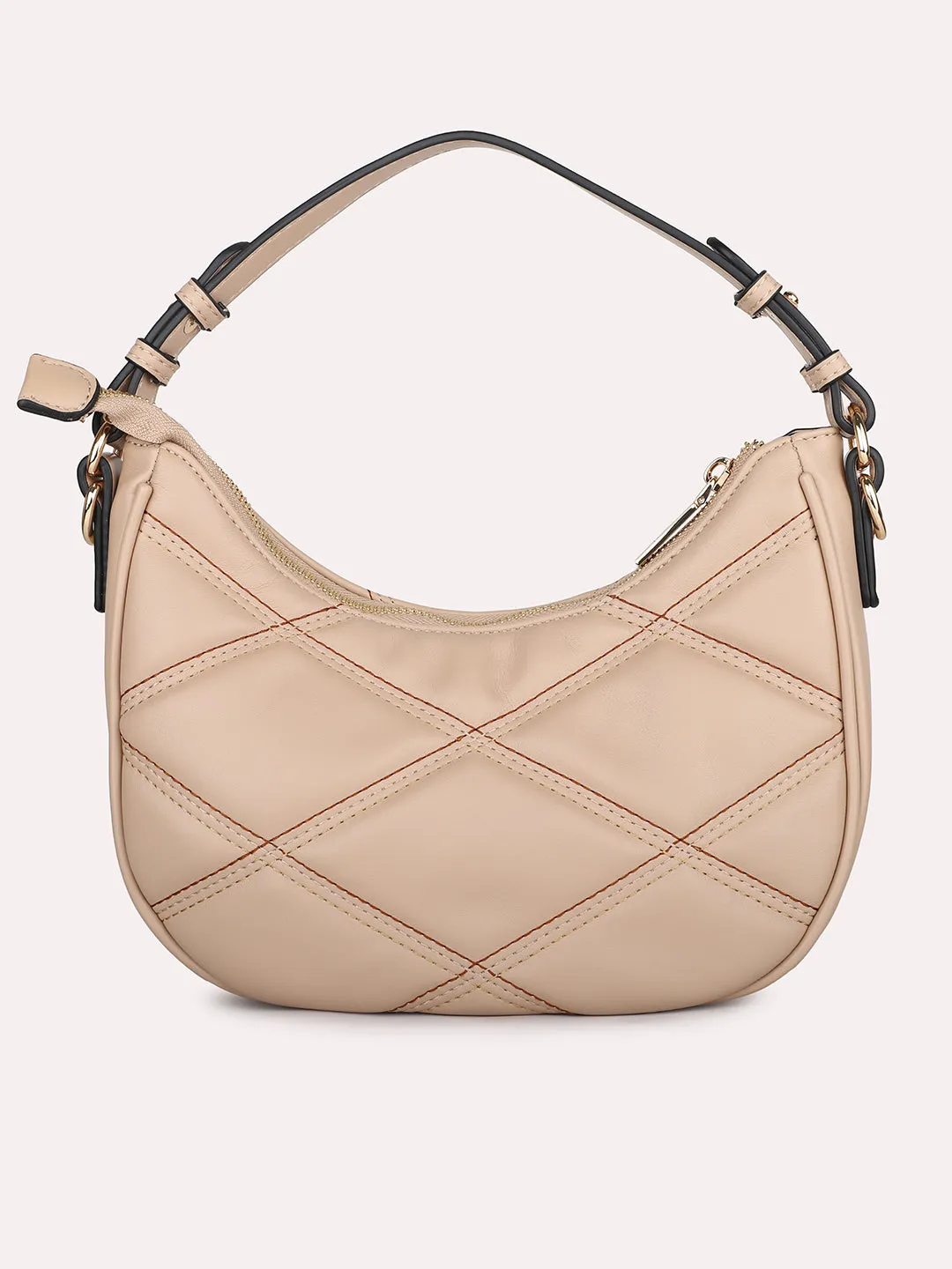 Women Beige Qulited Half-Moon Shoulder Bag