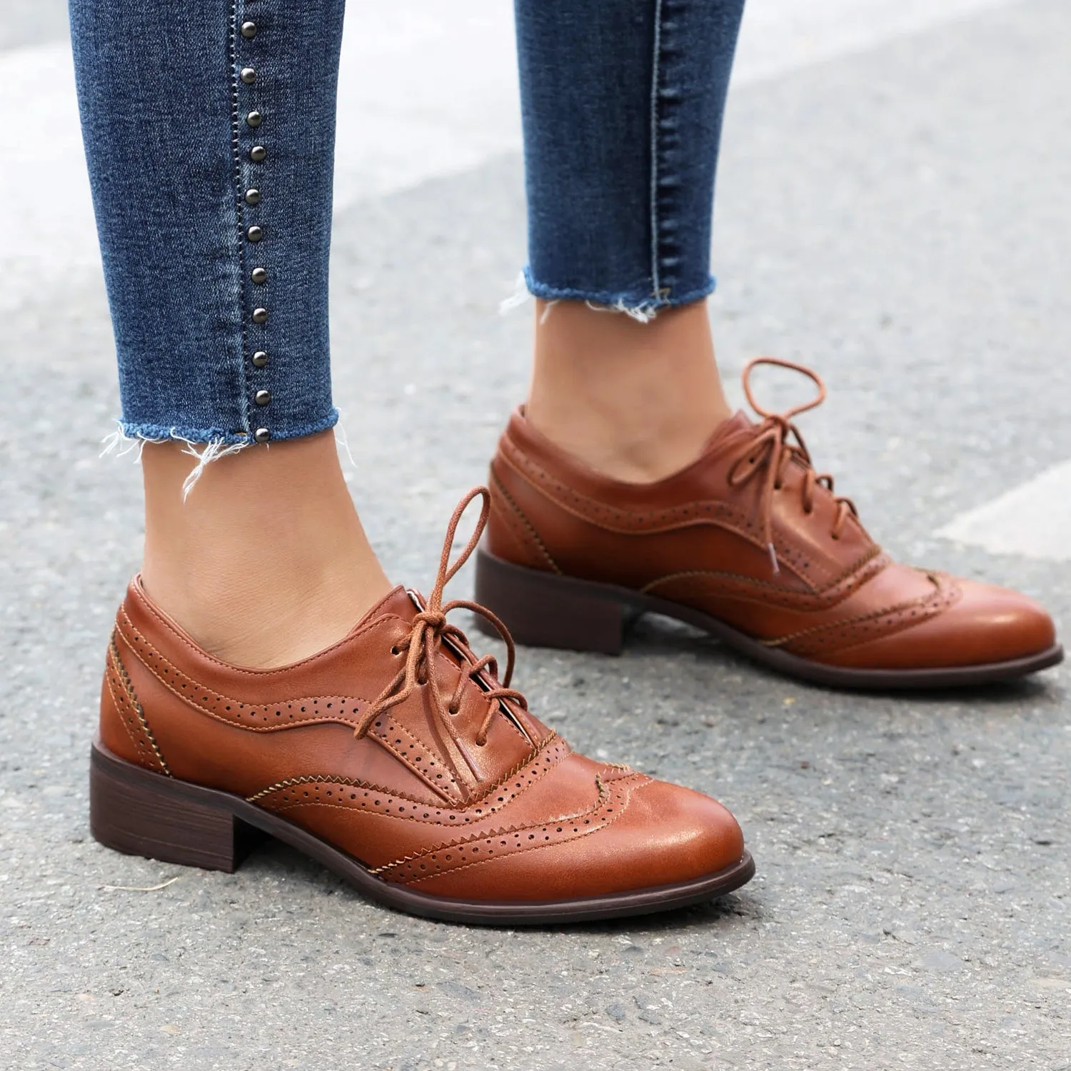 Women's Chunky Heel Block Lace Up Oxford Shoes