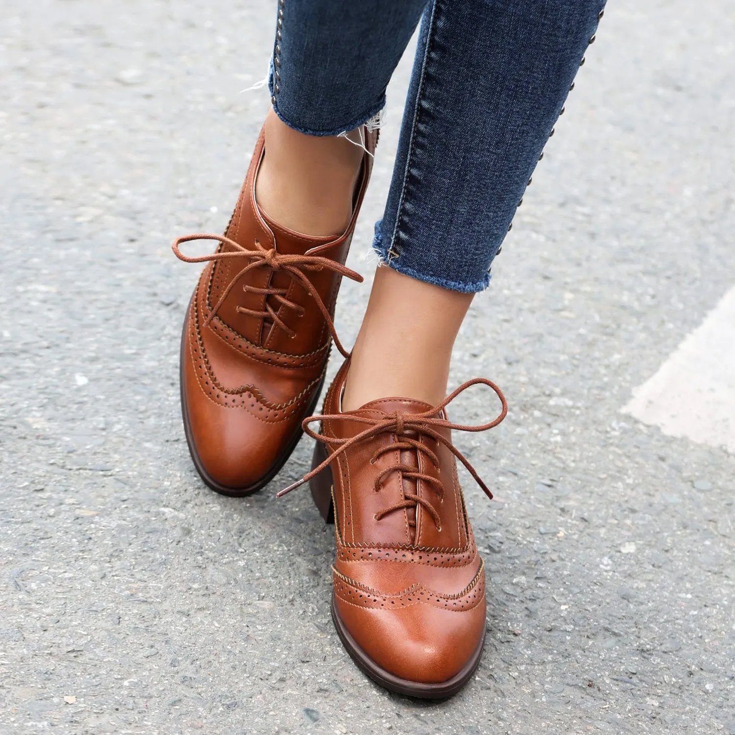 Women's Chunky Heel Block Lace Up Oxford Shoes