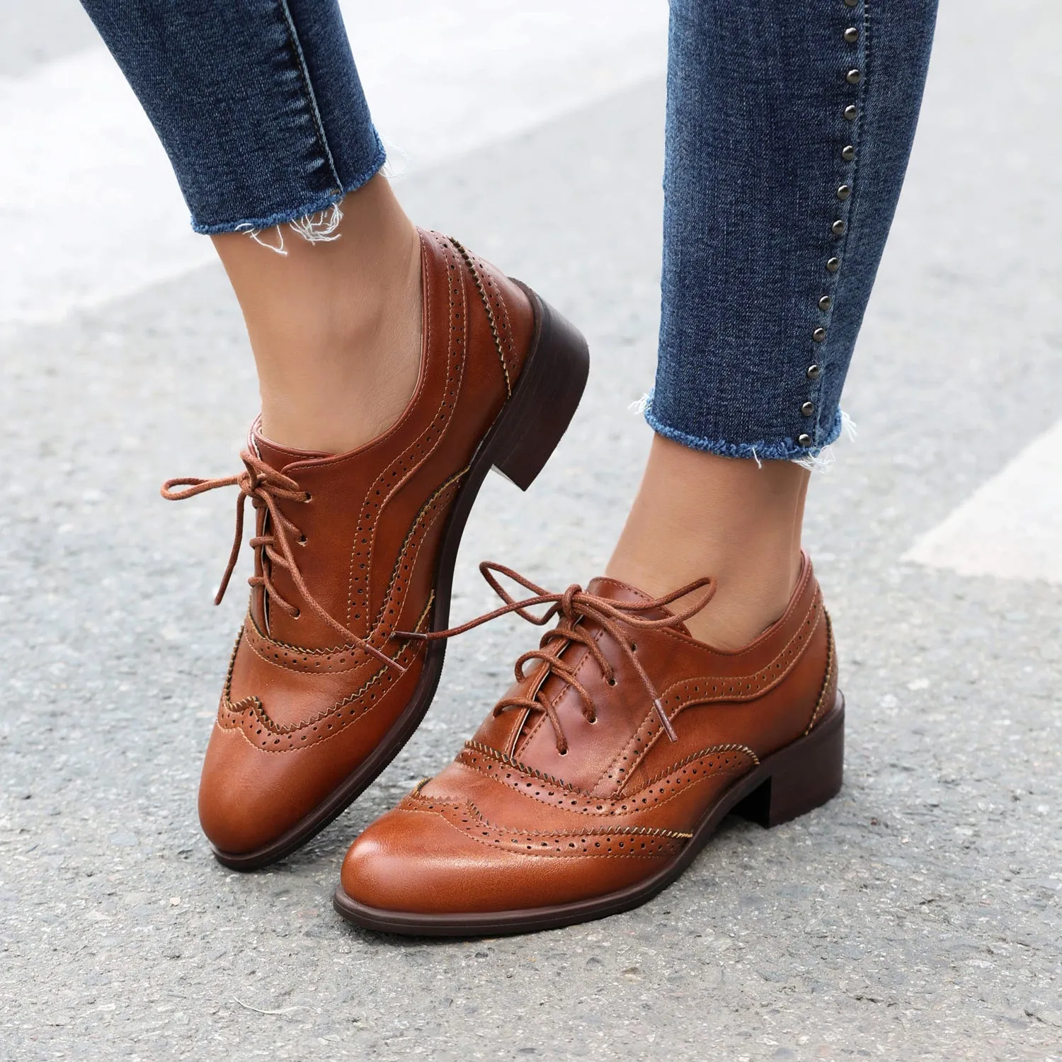 Women's Chunky Heel Block Lace Up Oxford Shoes