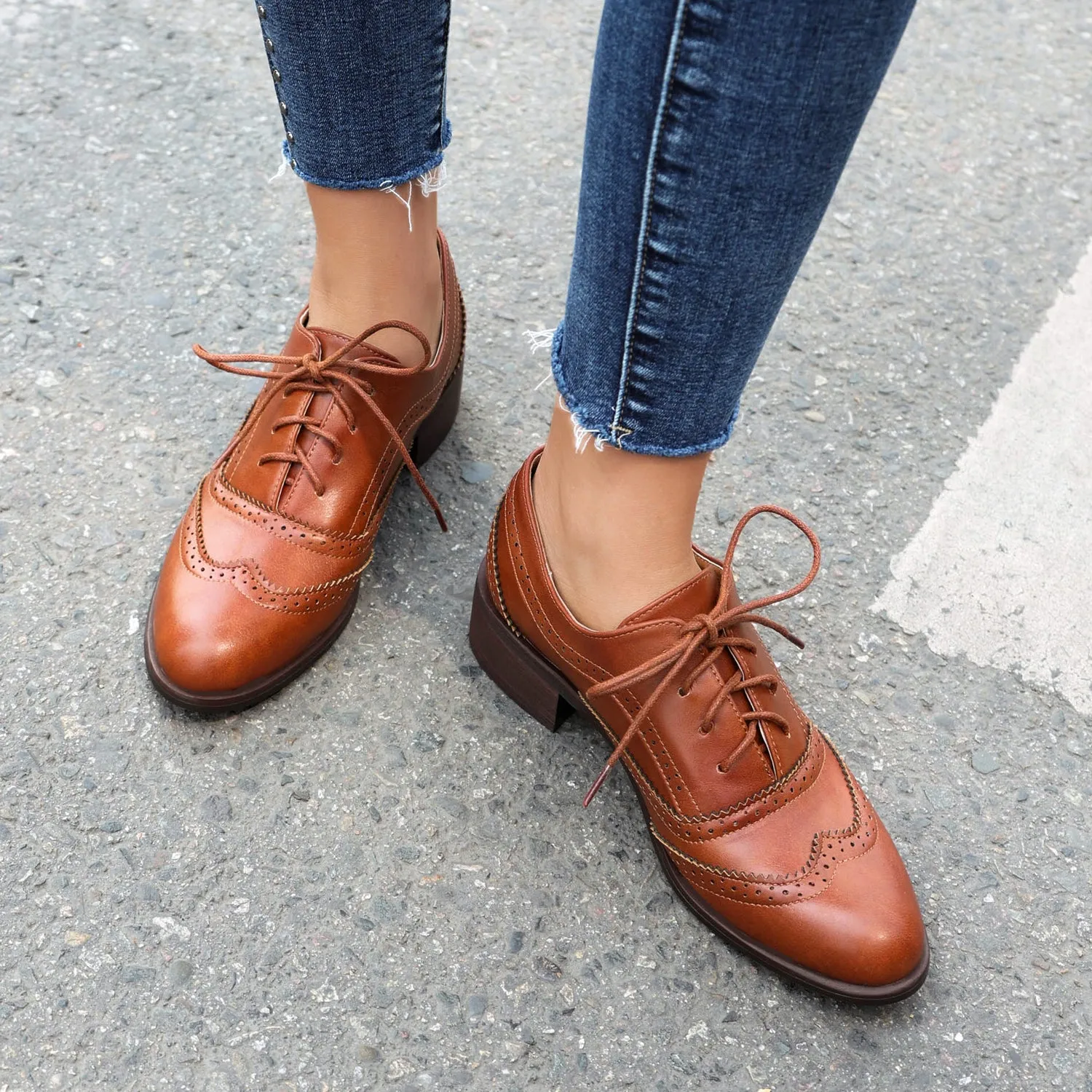 Women's Chunky Heel Block Lace Up Oxford Shoes