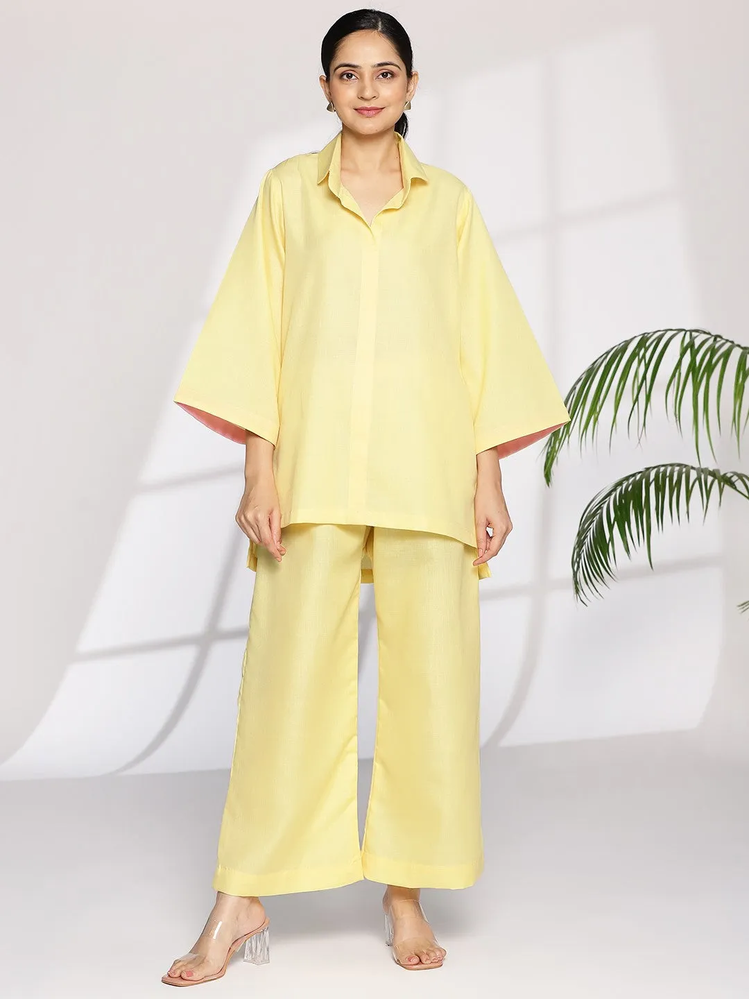 Yellow CottonSlub ShirtTop & Palazzo